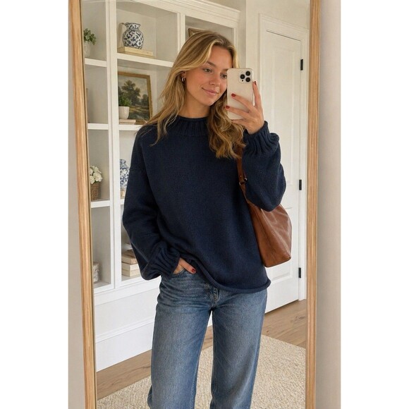 J. Crew Sweaters - J Crew 2025 Rollneck Sweater Womens S Navy Blue 100% Cotton Coastal Minimalist